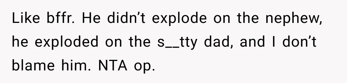 Like bffr. He didn’t explode on the nephew, he exploded on the s__tty dad, and I don’t blame him. NTA op.
