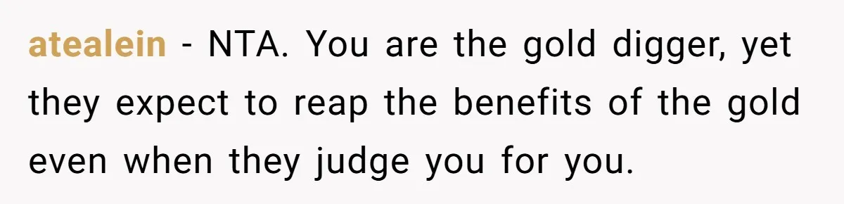 atealein − NTA. You are the gold digger, yet they expect to reap the benefits of the gold even when they judge you for you.