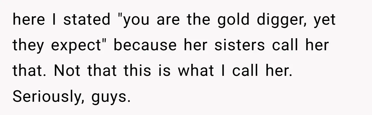 here I stated "you are the gold digger, yet they expect" because her sisters call her that. Not that this is what I call her. Seriously, guys.