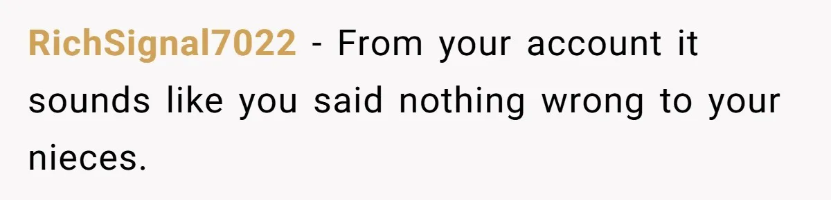 RichSignal7022 − From your account it sounds like you said nothing wrong to your nieces.