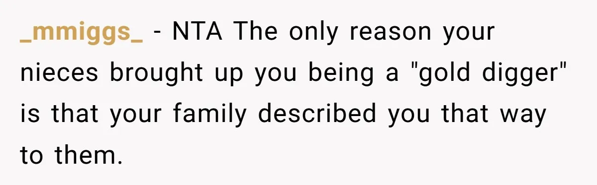 _mmiggs_ − NTA The only reason your nieces brought up you being a "gold digger" is that your family described you that way to them.