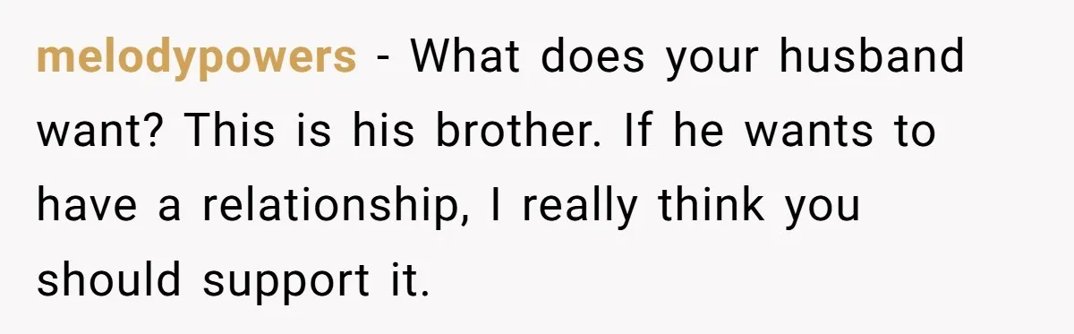 melodypowers − What does your husband want? This is his brother. If he wants to have a relationship, I really think you should support it.