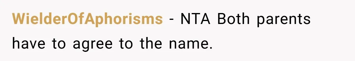 WielderOfAphorisms − NTA Both parents have to agree to the name.