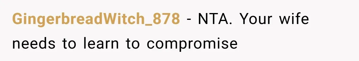 GingerbreadWitch_878 − NTA. Your wife needs to learn to compromise