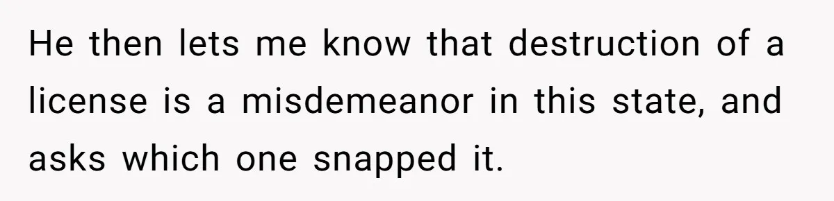 He then lets me know that destruction of a license is a misdemeanor in this state, and asks which one snapped it.