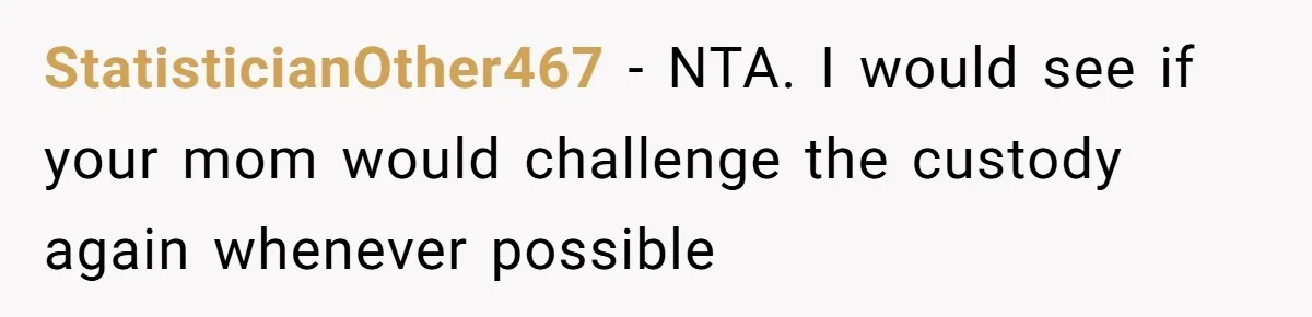 StatisticianOther467 − NTA. I would see if your mom would challenge the custody again whenever possible