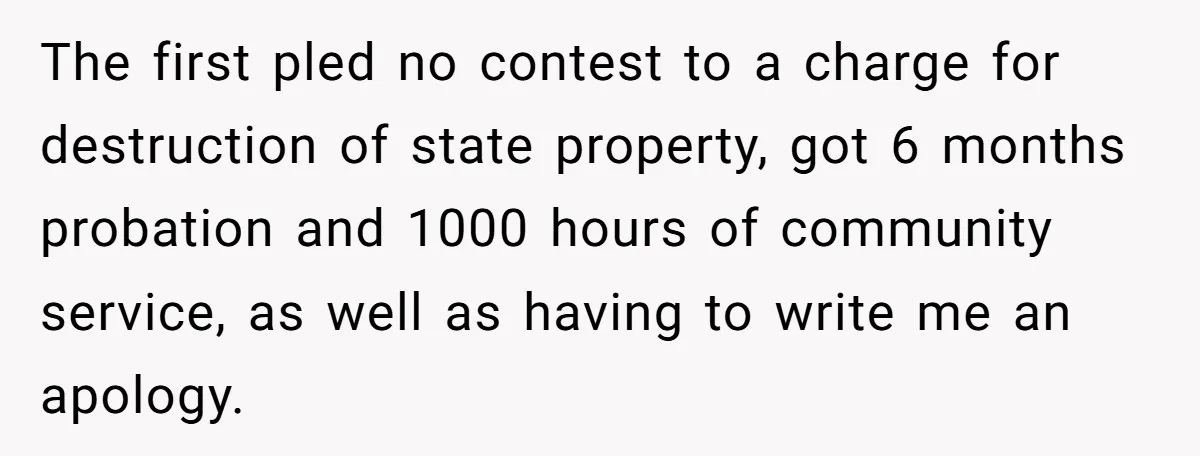 The first pled no contest to a charge for destruction of state property, got 6 months probation and 1000 hours of community service, as well as having to write me...