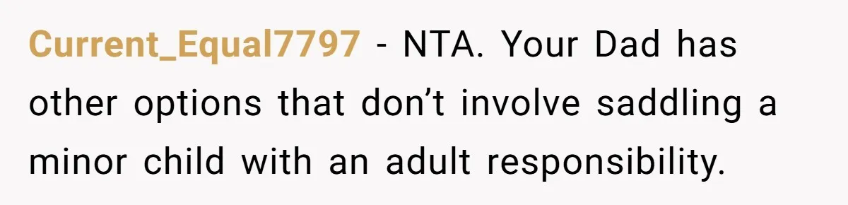 Current_Equal7797 − NTA. Your Dad has other options that don’t involve saddling a minor child with an adult responsibility.