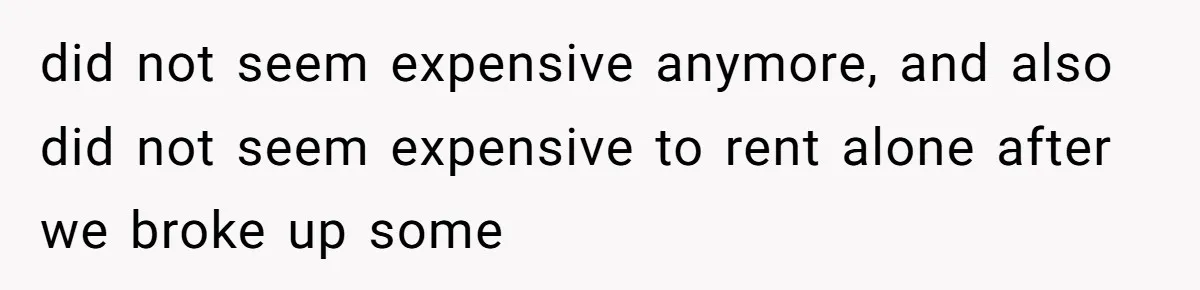 did not seem expensive anymore, and also did not seem expensive to rent alone after we broke up some
