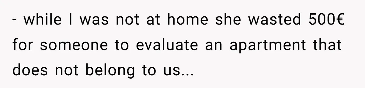- while I was not at home she wasted 500€ for someone to evaluate an apartment that does not belong to us...