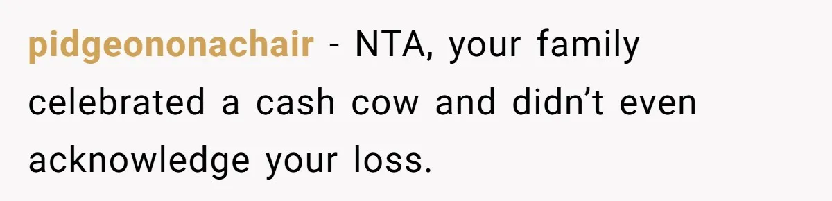 pidgeononachair − NTA, your family celebrated a cash cow and didn’t even acknowledge your loss.