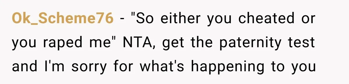 Ok_Scheme76 − "So either you cheated or you raped me" NTA, get the paternity test and I'm sorry for what's happening to you