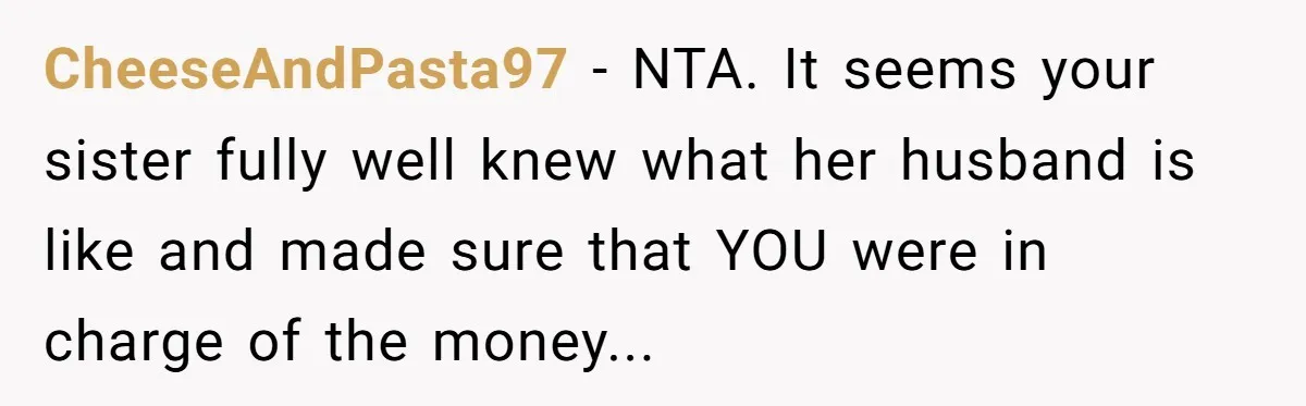 CheeseAndPasta97 − NTA. It seems your sister fully well knew what her husband is like and made sure that YOU were in charge of the money...