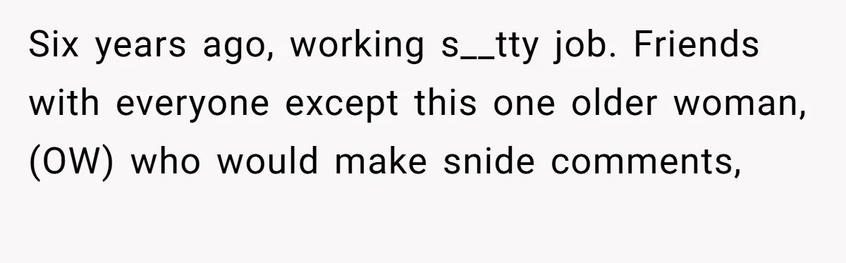 Six years ago, working s__tty job. Friends with everyone except this one older woman, (OW) who would make snide comments,