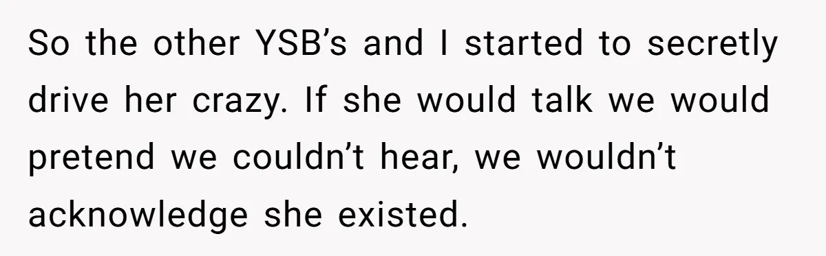 So the other YSB’s and I started to secretly drive her crazy. If she would talk we would pretend we couldn’t hear, we wouldn’t acknowledge she existed.