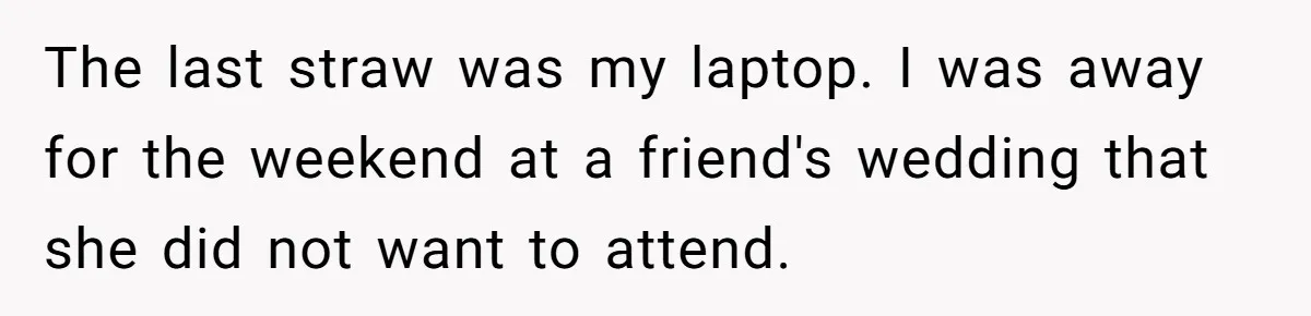 The last straw was my laptop. I was away for the weekend at a friend's wedding that she did not want to attend.