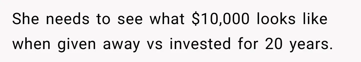 She needs to see what $10,000 looks like when given away vs invested for 20 years.
