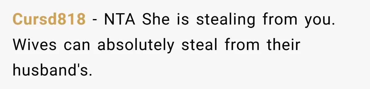 Cursd818 − NTA She is stealing from you. Wives can absolutely steal from their husband's.