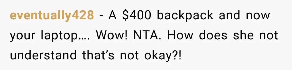 eventually428 − A $400 backpack and now your laptop…. Wow! NTA. How does she not understand that’s not okay?!