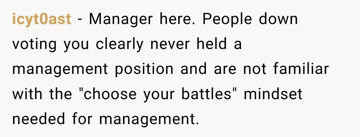 icyt0ast − Manager here. People down voting you clearly never held a management position and are not familiar with the "choose your battles" mindset needed for management.