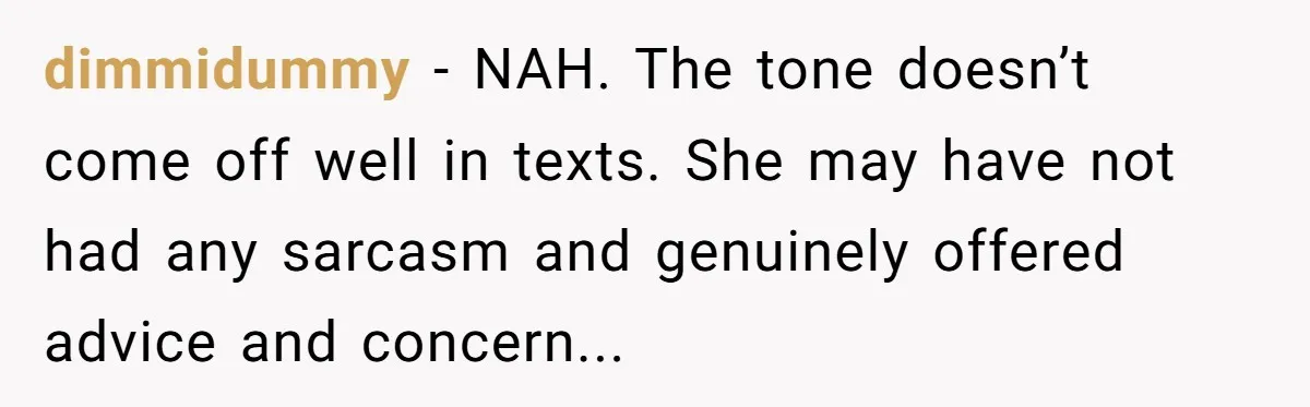 dimmidummy − NAH. The tone doesn’t come off well in texts. She may have not had any sarcasm and genuinely offered advice and concern...