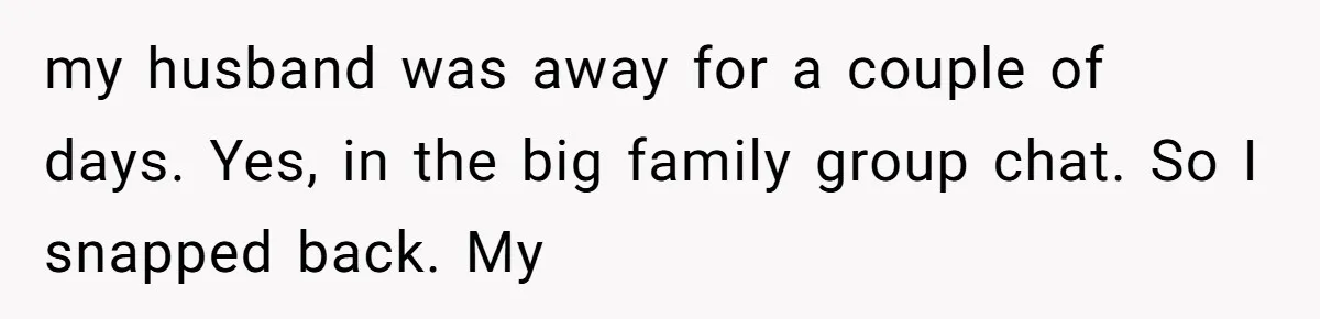 my husband was away for a couple of days. Yes, in the big family group chat. So I snapped back. My
