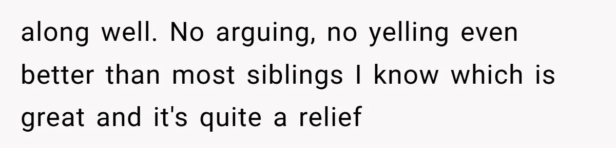 along well. No arguing, no yelling even better than most siblings I know which is great and it's quite a relief