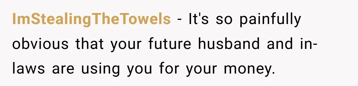 ImStealingTheTowels − It's so painfully obvious that your future husband and in-laws are using you for your money.