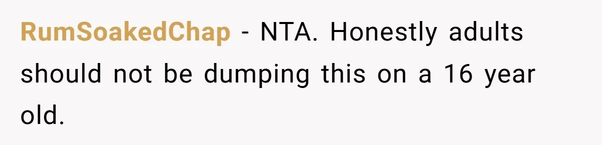RumSoakedChap − NTA. Honestly adults should not be dumping this on a 16 year old.