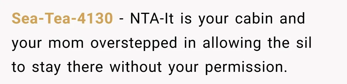 Sea-Tea-4130 − NTA-It is your cabin and your mom overstepped in allowing the sil to stay there without your permission.