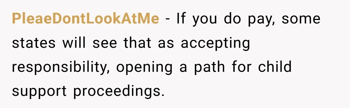 PleaeDontLookAtMe − If you do pay, some states will see that as accepting responsibility, opening a path for child support proceedings.