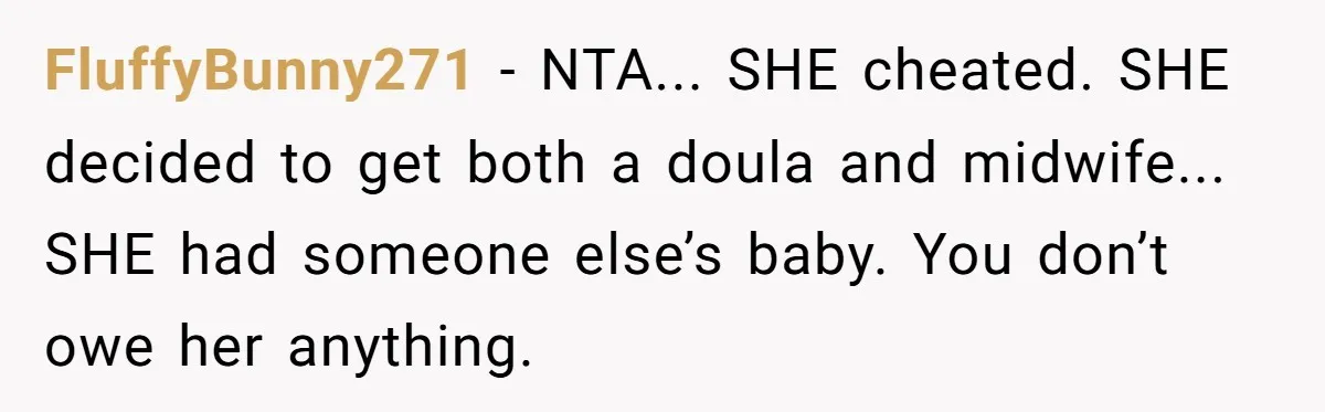 FluffyBunny271 − NTA... SHE cheated. SHE decided to get both a doula and midwife... SHE had someone else’s baby. You don’t owe her anything.