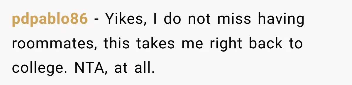 pdpablo86 − Yikes, I do not miss having roommates, this takes me right back to college. NTA, at all.