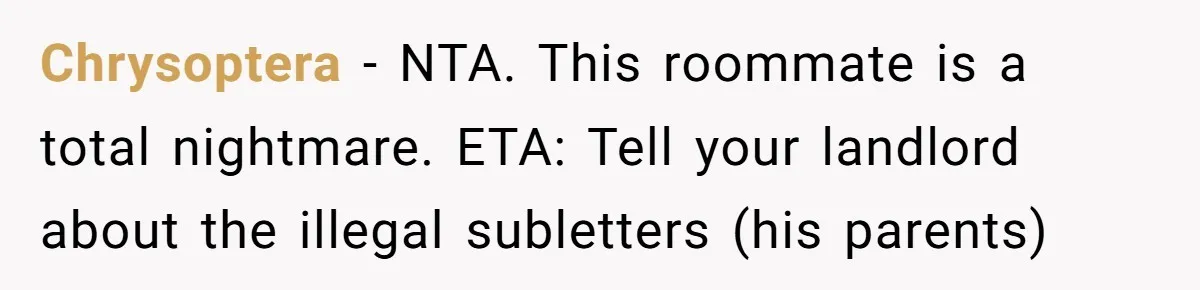 Chrysoptera − NTA. This roommate is a total nightmare. ETA: Tell your landlord about the illegal subletters (his parents)