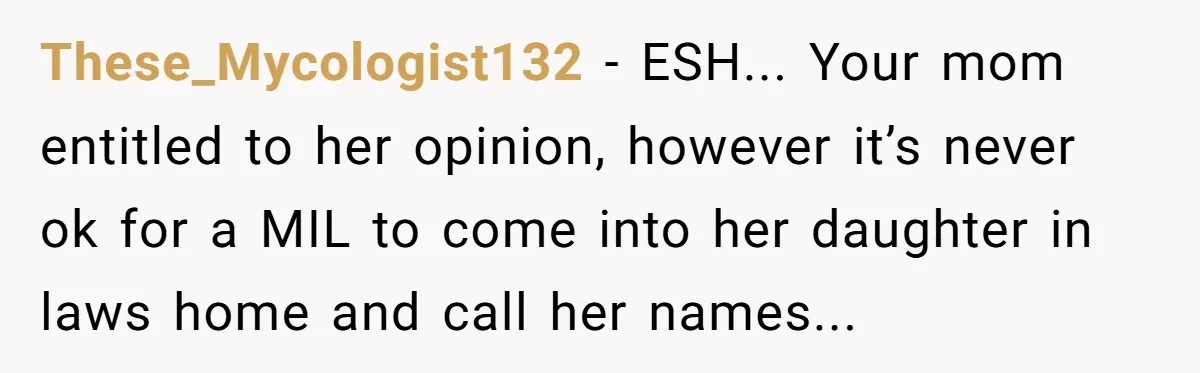 These_Mycologist132 − ESH... Your mom entitled to her opinion, however it’s never ok for a MIL to come into her daughter in laws home and call her names...