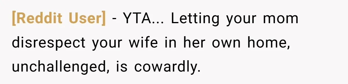 [Reddit User] − YTA... Letting your mom disrespect your wife in her own home, unchallenged, is cowardly.