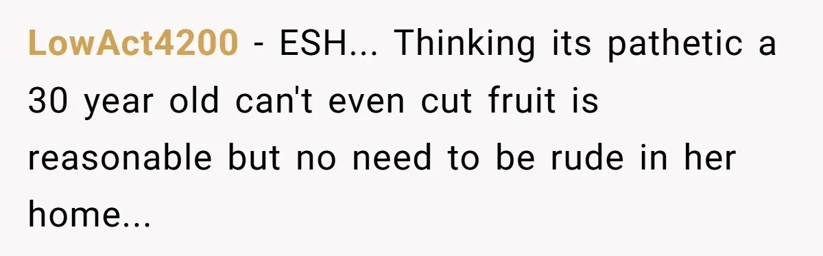 LowAct4200 − ESH... Thinking its pathetic a 30 year old can't even cut fruit is reasonable but no need to be rude in her home...
