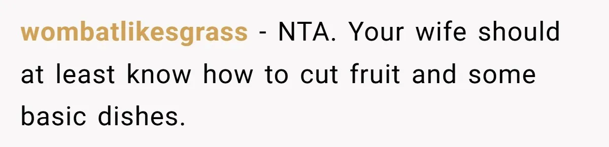 wombatlikesgrass − NTA. Your wife should at least know how to cut fruit and some basic dishes.