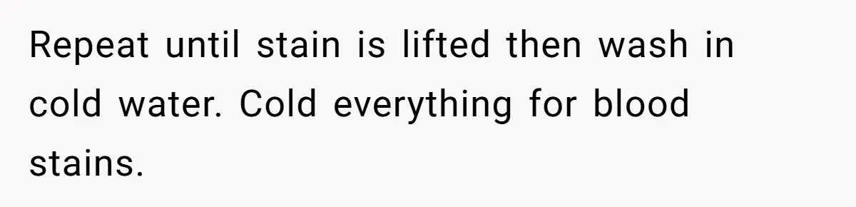 Repeat until stain is lifted then wash in cold water. Cold everything for blood stains.