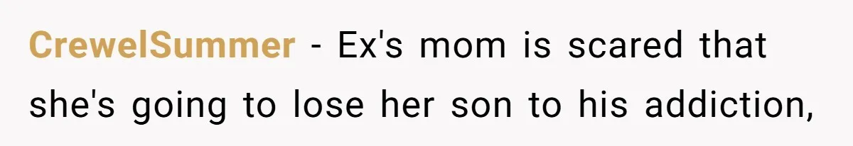 CrewelSummer − Ex's mom is scared that she's going to lose her son to his addiction,