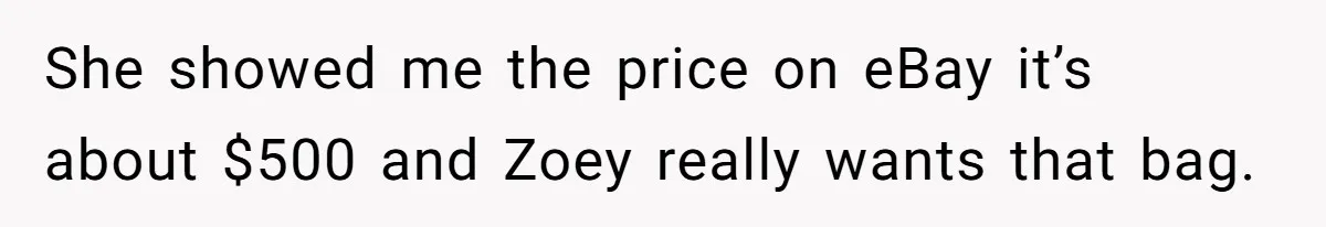 She showed me the price on eBay it’s about $500 and Zoey really wants that bag.
