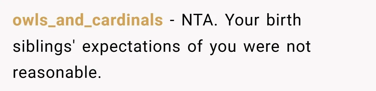 owls_and_cardinals − NTA. Your birth siblings' expectations of you were not reasonable.