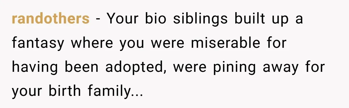 randothers − Your bio siblings built up a fantasy where you were miserable for having been adopted, were pining away for your birth family...