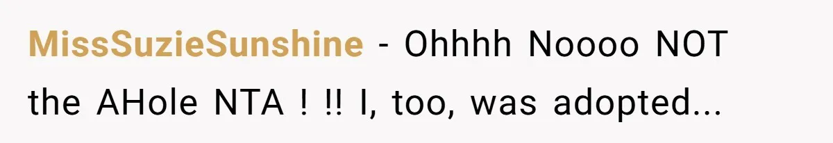MissSuzieSunshine − Ohhhh Noooo NOT the AHole NTA ! !! I, too, was adopted...
