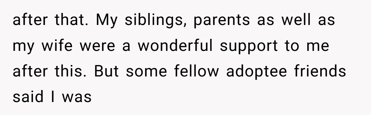 after that. My siblings, parents as well as my wife were a wonderful support to me after this. But some fellow adoptee friends said I was
