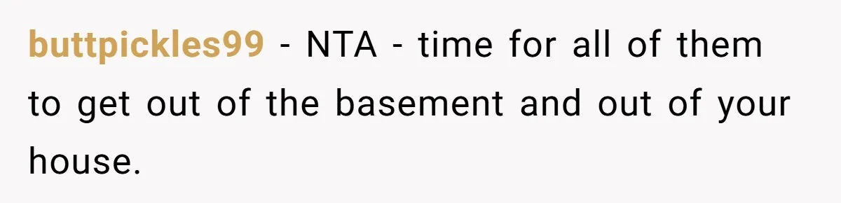 buttpickles99 − NTA - time for all of them to get out of the basement and out of your house.