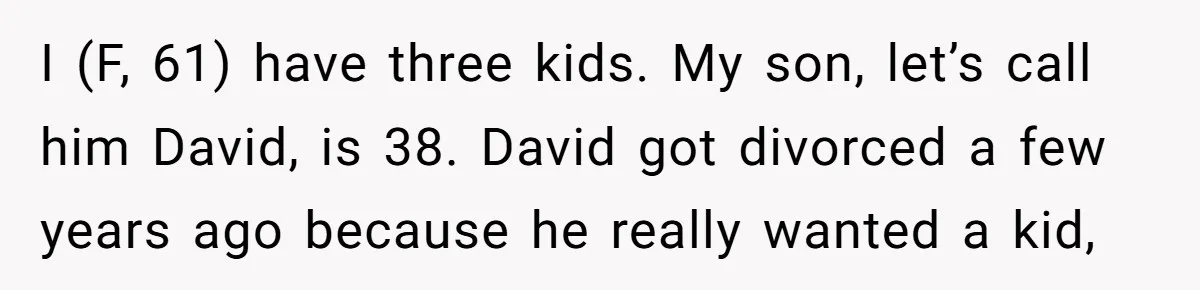 I (F, 61) have three kids. My son, let’s call him David, is 38. David got divorced a few years ago because he really wanted a kid,