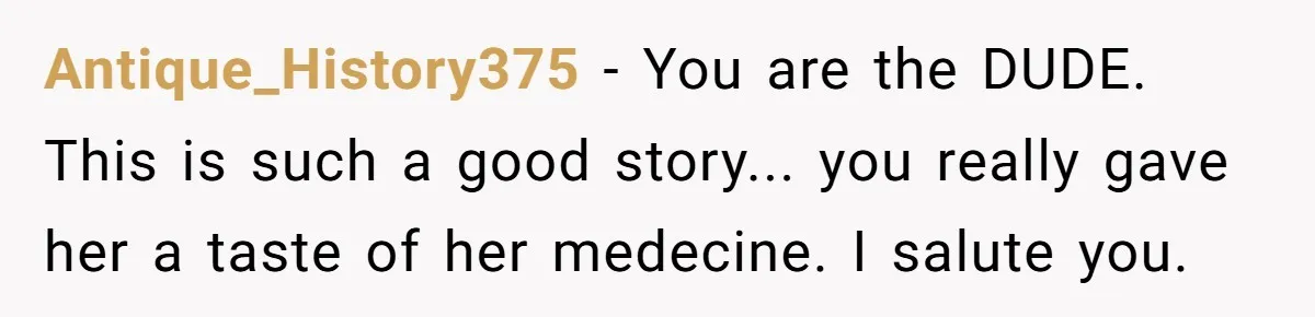 Antique_History375 − You are the DUDE. This is such a good story... you really gave her a taste of her medecine. I salute you.