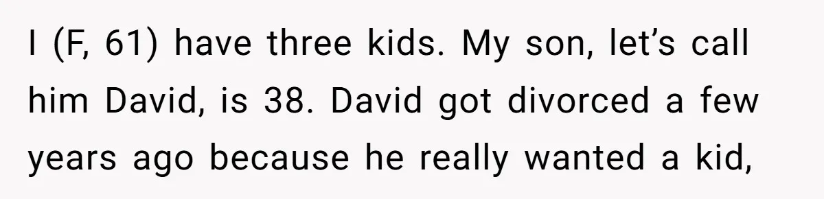 I (F, 61) have three kids. My son, let’s call him David, is 38. David got divorced a few years ago because he really wanted a kid,