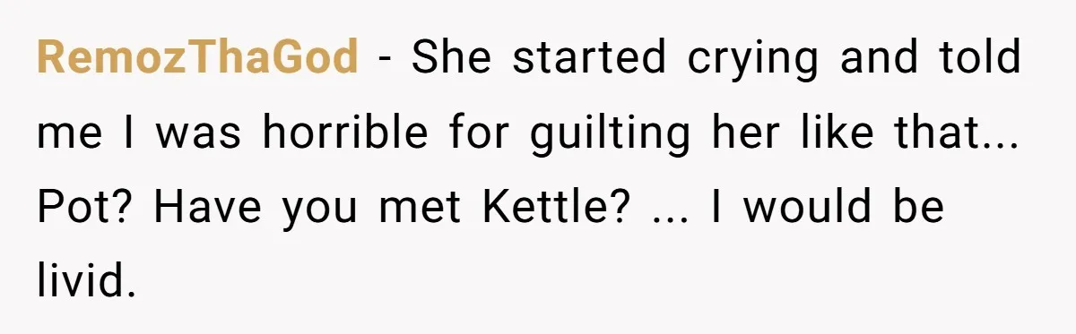 RemozThaGod − She started crying and told me I was horrible for guilting her like that... Pot? Have you met Kettle? ... I would be livid.